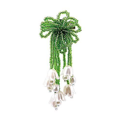 Fresh and Lovely Green Tassel Beads Enamel Brooch Lily of The Valley Faux Pearl Plant Collar Lapel Pin for Womenl White Floral Leaf Brooch Jewelry Gift for Girlfriend Mother