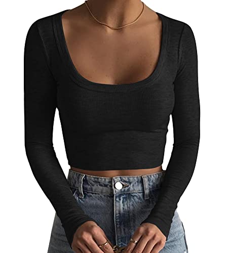 Artfish Women's Square Neck Long Sleeve Ribbed Slim Fitted Casual Basic Crop Top (Black, S)