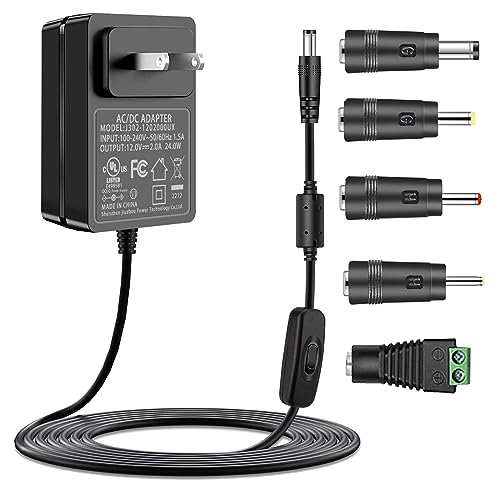 Gonine 12V Power Supply DC12V 2A 1.5A 1A Charger Cord, 100V - 240V AC to DC in 12 Volts Power Adapter for 12Vdc 2000mA 1500mA 1000mA 500mA Transformer with 5 Tips.
