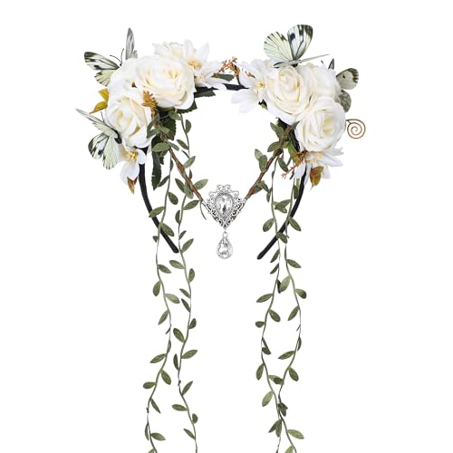 MOSTORY White Fairy Flower Crown - Handmade Elf Vine Headpiece Floral Headband with Butterfly for Women Girls Renaissance White Wedding Party Cosplay Carnival Masquerade Mardi Gras