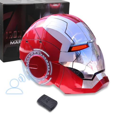 Adult Iron-Mans Helmet Electronic MK 5 Helmet with Jarvis Voice/Sensing/Remote Control Open/Close Sounds & LED Eyes Light Up Super Hero Movie 1:1 Model for Halloween