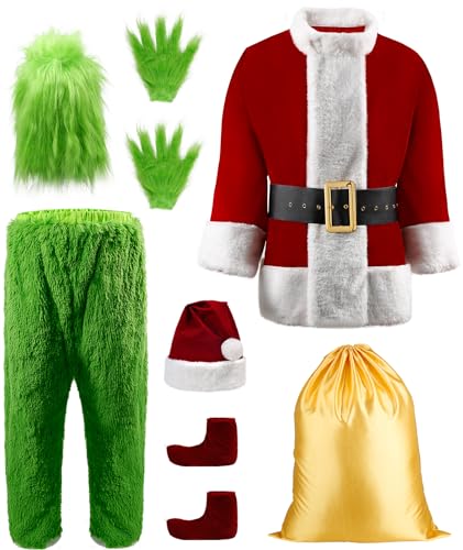 TPZLDZ Santa Costume for Men Adult Green Claus Furry Outfit Green Monster Santa Costume 9Pcs for Christmas Holiday, (T025)