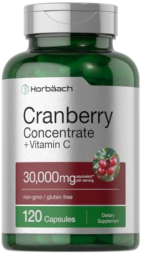 Horbäach Cranberry Concentrate Extract Pills + Vitamin C | 30,000mg | 120 Capsules | Triple Strength Ultimate Potency Formula | Non-GMO and Gluten Free Supplement