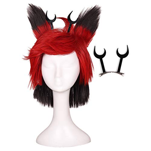 ColorGround Black and Red Wig with Horns Clips and Detachable Ears for Cosplay