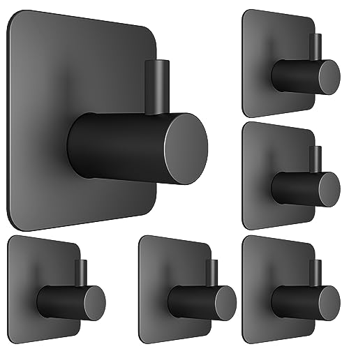 Honmein 6 Pcs Adhesive Wall Hooks for Hanging - Waterproof Shower Hooks, Heavy Duty Towel Hooks for Bathrooms, Kitchens, and Offices (Black)