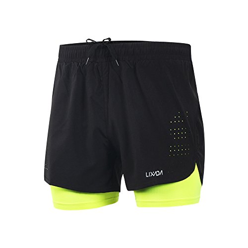 LIXADA Men's 2-in-1 Running Shorts Quick Drying Breathable Active Training Exercise Jogging Cycling Shorts Green