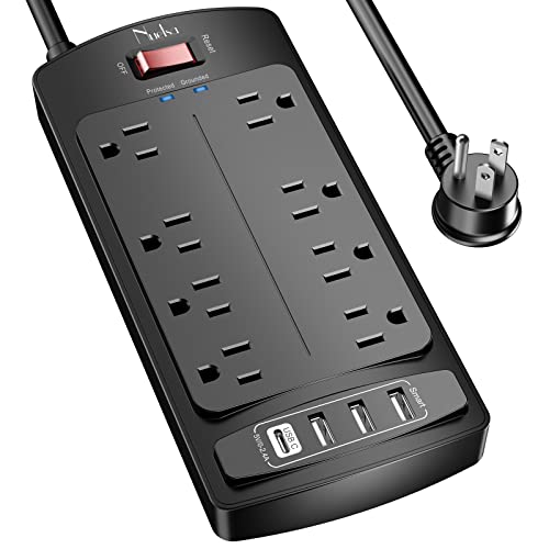 Surge Protector Power Strip - Nuetsa Flat Plug Extension Cord with 8 Outlets and 4 USB Ports, 6 Feet Power Cord (1625W/13A), 2700 Joules, ETL Listed, Black