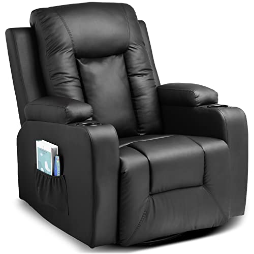 COMHOMA Leather Recliner Chair Rocker with Heated Massage Ergonomic Lounge 360 Degree Swivel Single Sofa Seat Drink Holders Living Room Chair Black