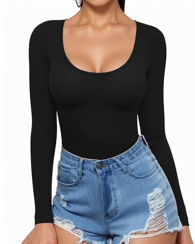 MANGOPOP Womens Scoop Neck Short Sleeve Long Sleeve Slim Fit T Shirt Tunic Tops Tee (A Long Sleeve Black, Medium)