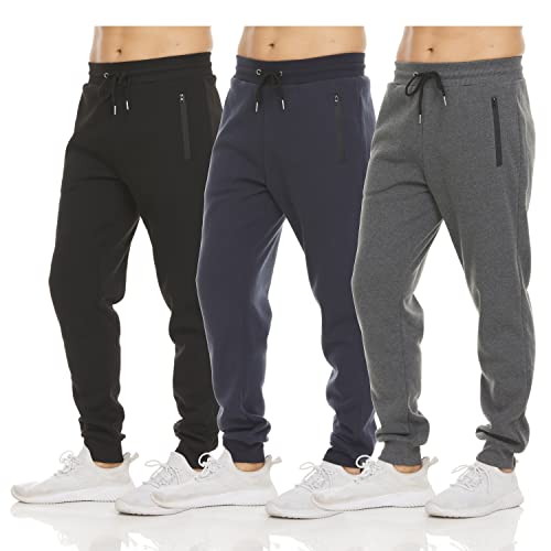 PURE CHAMP Mens 3 Pack Fleece Active Athletic Workout Jogger Sweatpants for Men with Zipper Pocket and Drawstring Size S-3XL (2X-Large, Set 2)
