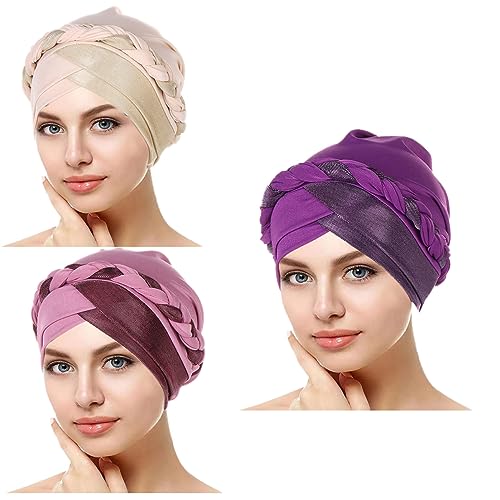 Lucky staryuan  3Pack Chemo Cancer Headwear for Women Soft Pre-Tied Twisted Braid Hair Cover Turban Headwear(Beige Rubber Pink Purple)