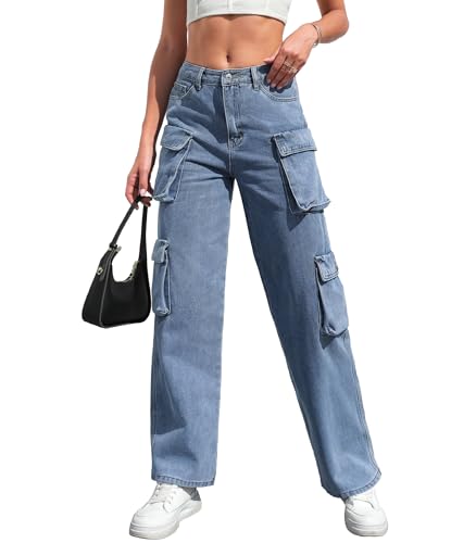 Womens Cargo Jeans High Waisted Cargo Pants Y2k Baggy Wide Leg Denim Trousers with Flap Pockets