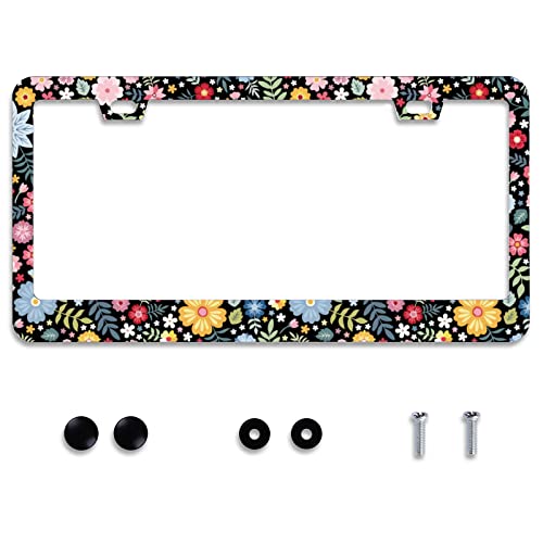 Personalise Colorful Floral Flowers License Plate Frame License Plate Frames Car Universal Stainless Steel Accessories Cars Decor with 2 Holes and Screws Fits Standard US Vehicles Size 12.2 x 6 Inches