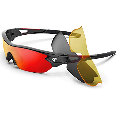 TOREGE Polarized Sports Sunglasses for Men Women Cycling Running Driving Fishing Golf Baseball Glasses TR002 UPGRADE(Black Red &Red lens)