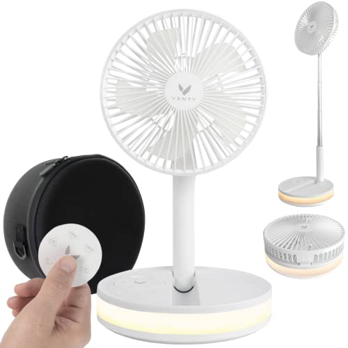 VENTY Portable Fan - Wireless Battery Operated Fan, 48HR Run Time 16000MAH Battery, Oscillating Rechargeable Fan, Remote Control & LED Lighting, Folding Telescopic Camping Fan (White with Case)