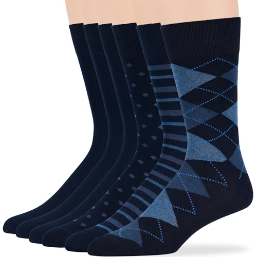 7BIGSTARS KINGDOM Men's Dress Socks Cotton -6 pack- Assortment Thin Business Casual Argyle, Dotted, Striped, Solid, Sock Size 10-13 Shoe Size 9-12 L Dark Navy (A17)