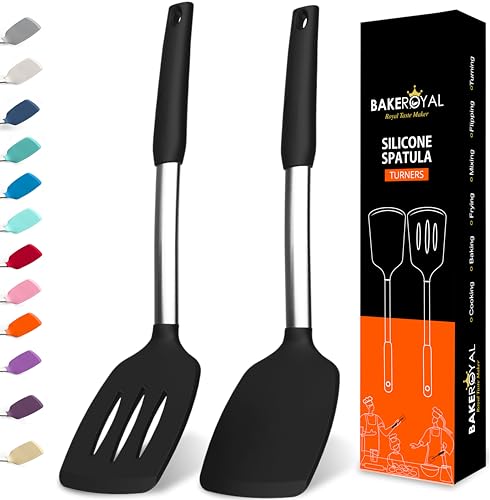 BakeRoyal Silicone Spatula Set - Turner Spatulas Silicone Heat Resistant 600°F - Slotted & Solid Silicone Spatulas for Cooking Fish, Eggs, Pancakes Flipper – Silicone Cooking Utensils Set – Black