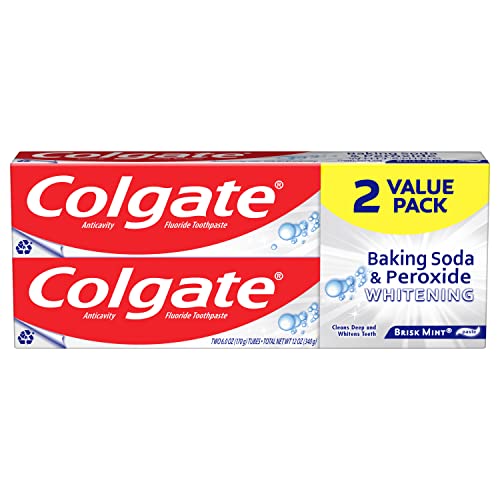 Colgate Baking Soda & Peroxide Toothpaste - Whitens Teeth, Fights Cavities & Removes Stains, Brisk Mint, 6 Ounce (Pack of 2)