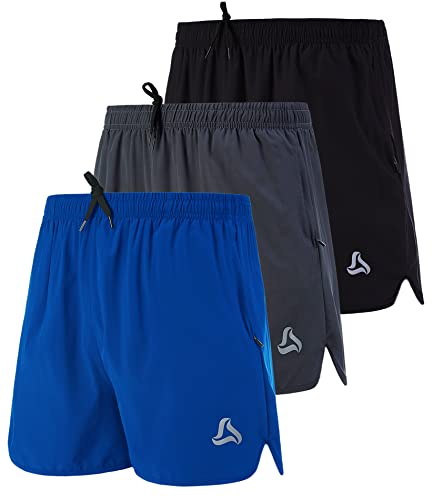 SILKWORLD Men's Running Stretch Quick Dry Shorts with Zipper Pockets, Black,Dark Grey,Blue(Pack of 3)-3New, Medium