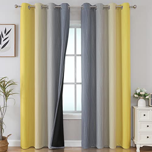 Grey and Yellow Blackout Curtains 84 Inch Length 2 Panels Set, Blackout Curtains for Living Room, Thermal Insulated Gradient Drapes, Light Blocking Ombre Curtains for Boys Bedroom, 52W x 84L Inches