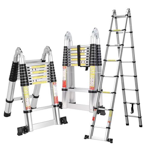 BOWEITI 16.5FT A Frame Telescoping Ladder, Aluminum Telescopic Ladder w/Balance Bar & Movable Wheel, 330lbs Capacity Compact Ladder, RV Extension Ladder for Household, Outdoor