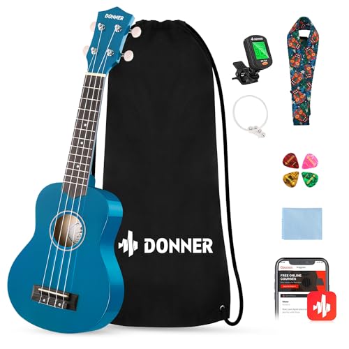 Donner Soprano Ukulele for Beginners 21 Inch Ukelele Starter Bundle Kit with Free Online Lessons Bag Strap String Tuner Picks Cloth Ukalalee Yukalalee (Blue)