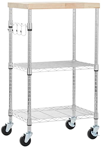 Amazon Basics Kitchen Storage Microwave Rack Cart on Caster Wheels with Adjustable Shelves, 175 Pound Capacity, 21 x 15 x 36.7 inches (LxWxH), Wood/Chrome