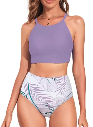 Herseas Women's Bikini Sets Solid High Neck Top Floral Print Bikini Bottom High Rise Two Pieces Swimsuits Cute Teen Tummy Control Purple Bathing Suits Large