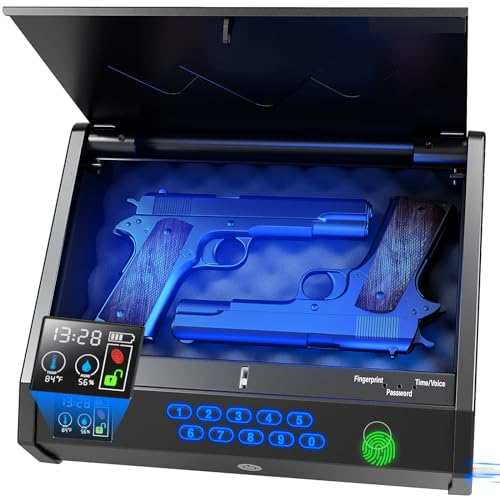 movgul Gun Safes, Biometric Pistol Safe with LCD Display of Temperature Humidity USB Port, Gun Safes 3 Ways Quick Access Fingerprint Handgun Safe for Nightstand Car