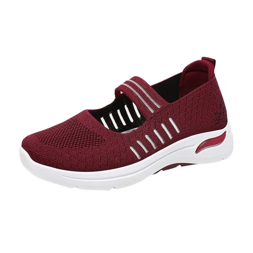 Women's Slip On Solid Flats Sneakers Summer Breathable Mesh Sneaker with Adjustable Elastic Strap Zero Drop Shoes Red, 7.5