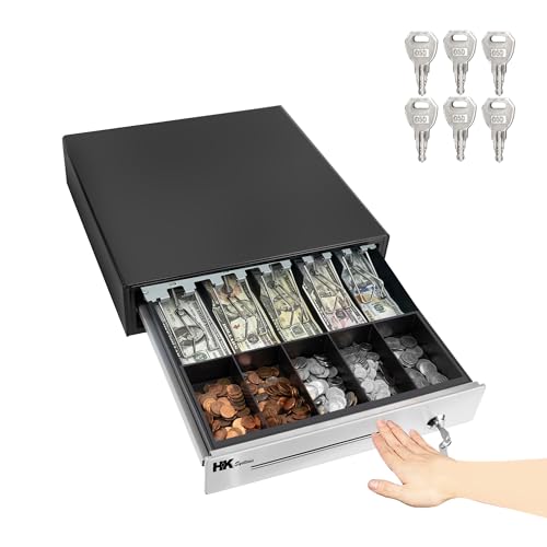 HK SYSTEMS 16inch Heavy Duty Manual Push-Open Cash Drawer with 5Bill/5Coin, Removable Till, Stainless Steel Front' with Single Large Media Slot, Black