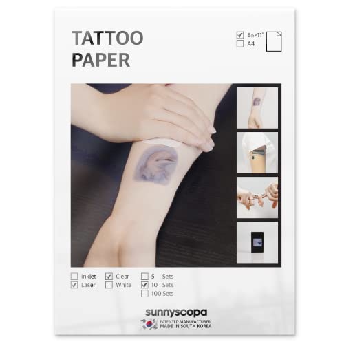 Sunnyscopa Printable Temporary Tattoo Paper for LASER printer - US Letter Size 8.5'X11', 10 SHEETS - DIY Personalized Image Transfer Sheet for Skin - Custom Waterslide Decal Stencil Henna