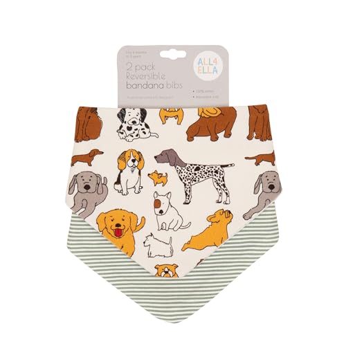 All4Ella Reversible Bandana Bibs for Baby Boys & Girls - 100% Cotton Bibs Absorbent, Durable and Easy to Clean - 2 Pack - Dog Breeds