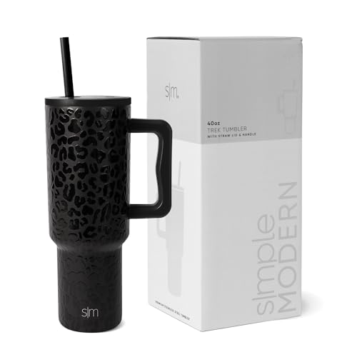 Simple Modern Mothers Day Gifts for Mom 40 oz Tumbler with Handle and Straw Lid Insulated Reusable Stainless Steel Water Bottle | Gift for Women Her | Trek Collection | 40oz | Black Leopard