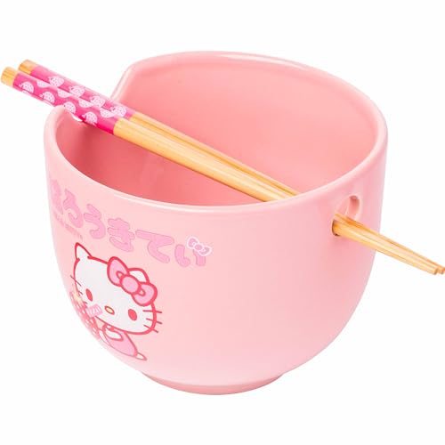 Silver Buffalo Sanrio Strawberry Milk Japanese Character Ceramic Ramen Rice Bowl with Chopsticks, 20 Ounces, Pink
