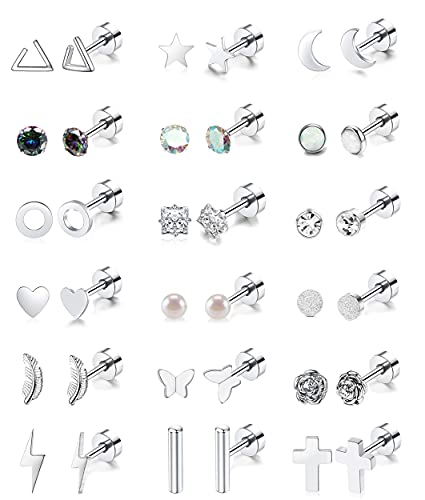 18 Pairs Cartilage Stud Earrings Set for Women Men Star Triangle Moon Heart Disc Ball CZ Small Stainless Steel Geometric Barbell Flatback Piercing (Silver)