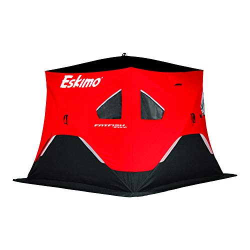 Eskimo FF949iG FatFish Pop-up Portable Hub-Style Ice Shelter, Wide Bottom Design 61 sq ft. Fishable Area, 3-4 Person Insulated Gray Interior, Red, 99' x 99'