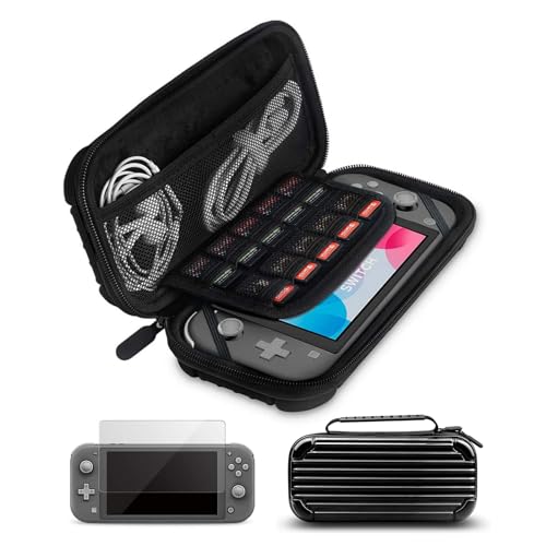 CALLCASE Carrying Case for Switch Lite with Glass Screen Protector, Portable Hard Shell Travel Case Storage Bag for Switch Lite Console and Accessories holds 10 Game Cartridges - Black