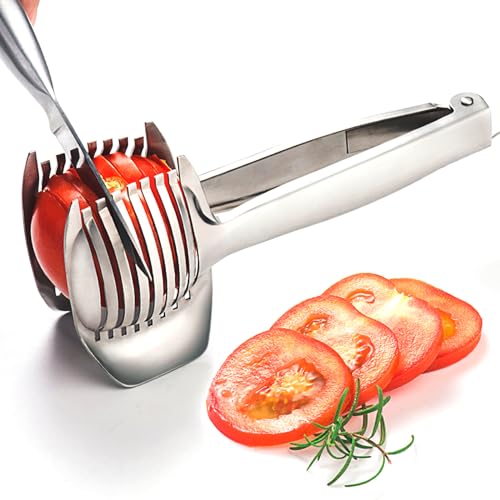 JAYVAR Tomato Slicer and Lemon Slicer, Multipurpose Round Fruit Slicer, Stainless Steel Tomato Holder for Slicing, Easy Fruit Cutter & Vegetable Tools, Potato and Lemon Slicer for Quick Kitchen Tools