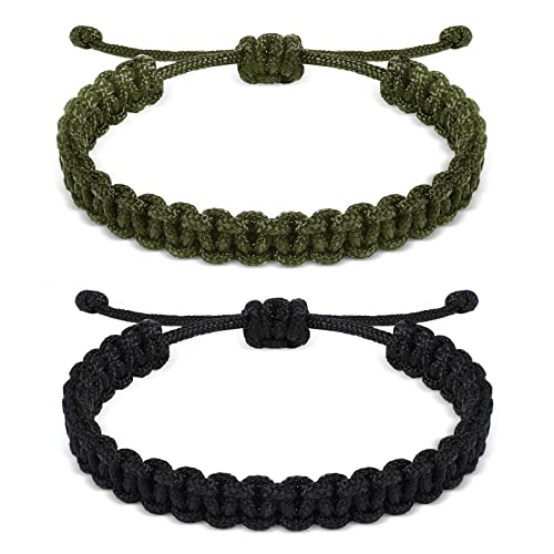 Inbagi Paracord Survival Bracelets for Men Boys, Paracord Bracelet Handmade Braided Bracelets, Adjustable, 2 Colors (Black, Green)