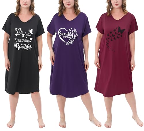 FEREMO 3 Pack Plus Size Women's Nightgown Soft Print Nightshirts for Women Short Sleeve Sleepwear (Set5,4X)