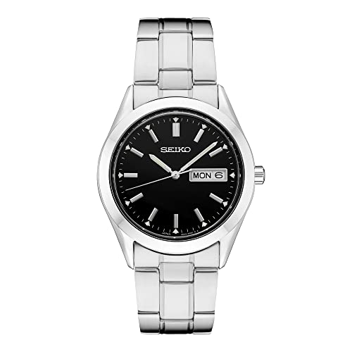 SEIKO SUR361 Watch for Men - Essentials - with Black Dial, Day/Date Calendar, LumiBrite Hands and Markers, Stainless Steel Case and Bracelet, and 100m Water-Resistant