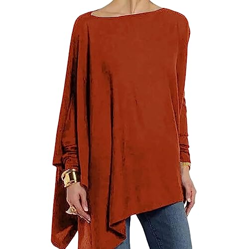 Mayntop Women Tunic Cotton Solid Color Plain Asymmetrical Hem Top Crew-Neck Long Sleeve Oversized Loose T-Shirt Casual Fall Spring Blouse A Crewneck Red 2XL