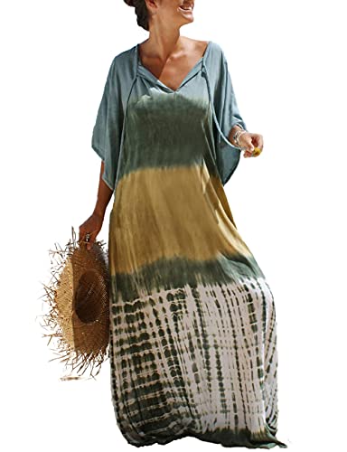 Bsubseach Women Green Tie Dye Kaftan Dress Plus Size Beach Cover Up Short Sleeve Caftan Maxi Dresses