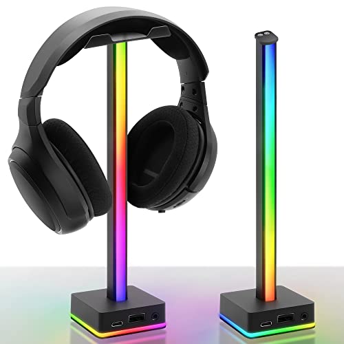 EZDIY-FAB USB LED Light Bar Headphones Stand, Desktop Atmosphere RGB Backlight,50 Built-in Color Modes, Headphone Holder for Gamers Gaming PC PS5 Accessories Desk- Black- 1 Pack