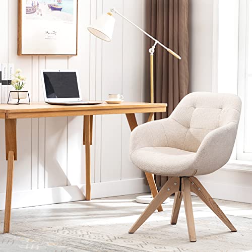 KINWELL Mid Century Modern Swivel Accent Chair, Upholstered Armchair, Desk Chair No Wheels with Sturdy Oak Wood Legs for Small Space Home Office Slim Adult, Beige