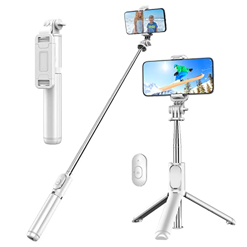 Selfie Stick Tripod, Extendable 4 in 1 Selfie Stick with Detachable Wireless Remote Compatible with iPhone 13/13 Pro/12/11/11 Pro/XS Max/XS/XR/X/8/7, Samsung and Smartphone(White)