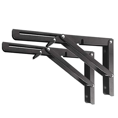 Folding Shelf Brackets - Heavy Duty Metal Collapsible Shelf Bracket for Bench Table, Shelf Hinge Wall Mounted Space Saving DIY Bracket, Max Load: 150 lb 2 PCS (10 Inch, Black)