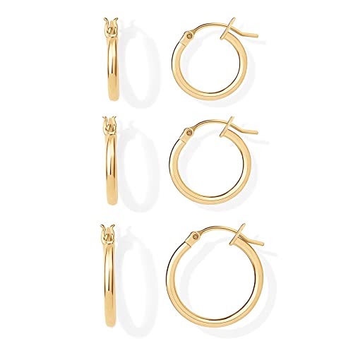 PAVOI 18K Yellow Gold 925 Sterling Silver Post Hoop Earrings for Women | Thin Small Gold Huggie Hoop Earrings | 3 Pairs Gold Hoop Earring Pack