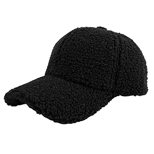 Winter Faux Lamb Wool Baseball Cap for Men Women Teddy Fleece Sports Hats Warm Winter Adjustable Strap (Black, One Size)